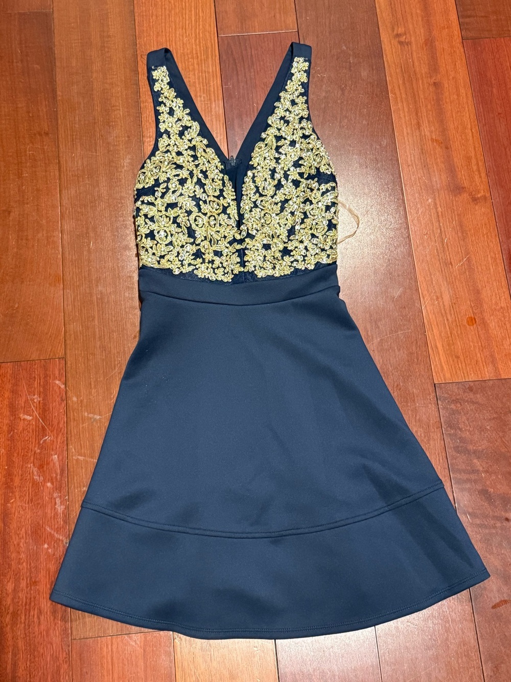 Gold Embroidered Navy Mini Dress with V-Neck
